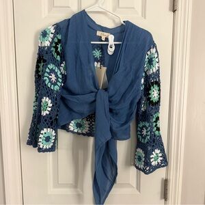 Elan Blue and Green Crochet Tie-Front Blouse Cover Up Size Small